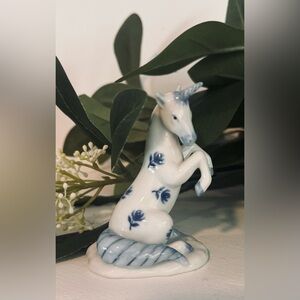 PG Ceramic Blue & White Unicorn Horse 3.5" Tall, Handcrafted in Malaysia